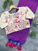 Purple Handloom Khadi Cotton Saree With Embrodery Work Stitched Blouse